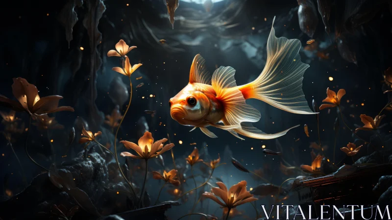 Goldfish in Dark Cave with Flowers: Stylized Artwork AI Image