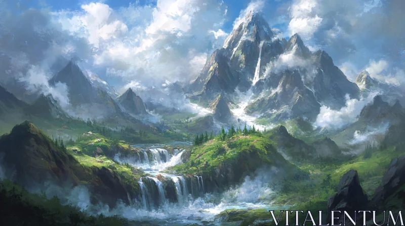 AI ART Serene Mountain Scenery with Cascading Waterfalls