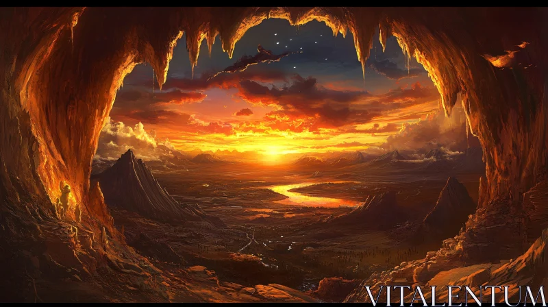 Sunset River and Mountain View from a Cave AI Image