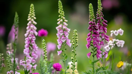 Colorful Foxglove Blossoms in Lush Greenery