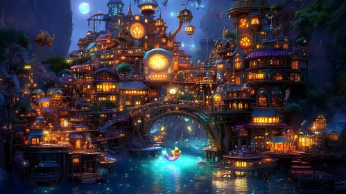 Magical Illuminated Fantasy Town Nightscape