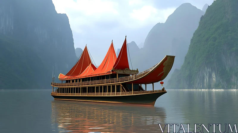 Tranquil Mountain Boat Journey AI Image