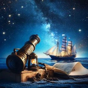 Nautical Adventure with Antique Telescope and Ship