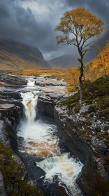 Scenic Autumn Waterfall and Rugged Mountains