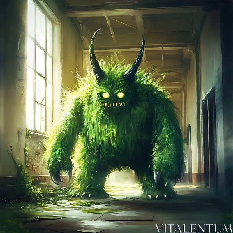 AI ART Eerie Green Monster with Glowing Eyes in Corridor