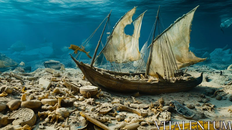 Sunken Sailboat Amongst Ocean Artifacts AI Image