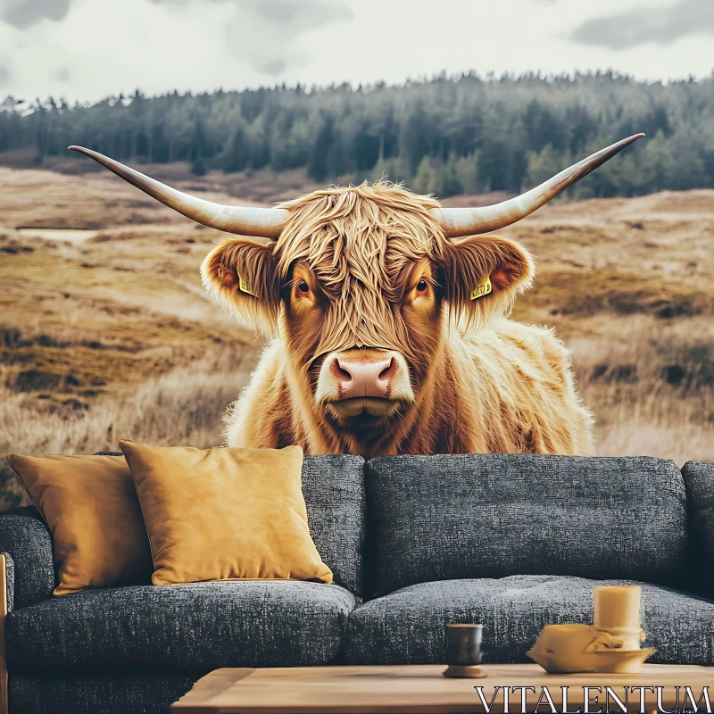 Highland Cow and Modern Sofa Scenic Artwork AI Image