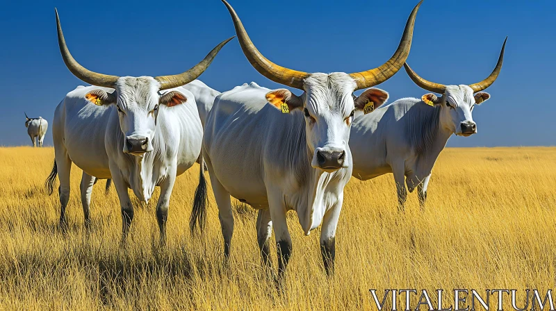 Majestic Horned Cows in Sunlit Grasslands AI Image