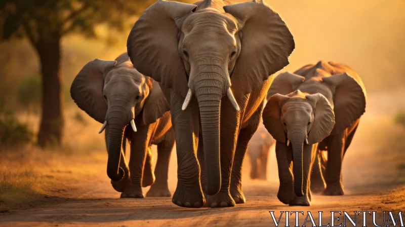 Golden Sunset Walk of Elephants - A Nature's Portrait AI Image