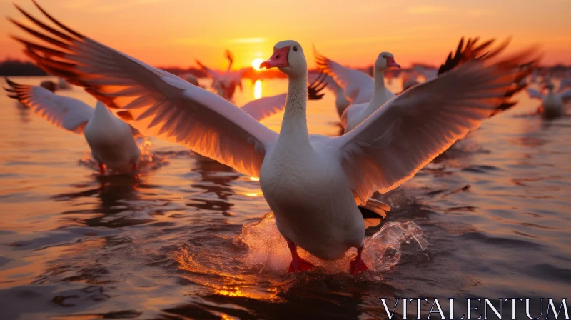 Golden Sunset with White Geese - Nature Aesthetics AI Image
