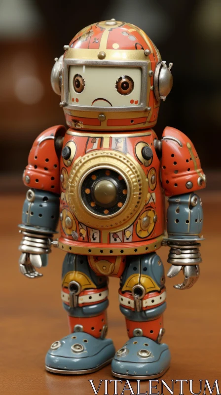 Upright Robot in Shades of Orange and Red on Wooden Surface AI Image