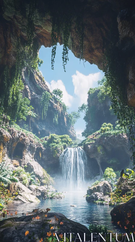 Scenic Cave Waterfall Landscape AI Image