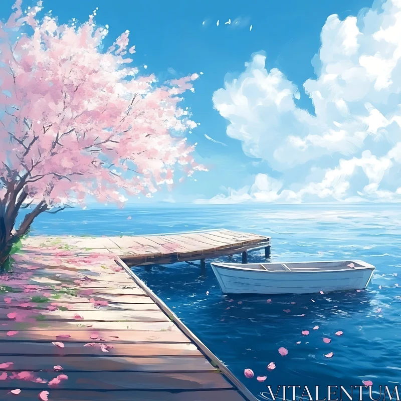 Peaceful Pier with Blossoming Trees and Boat AI Image