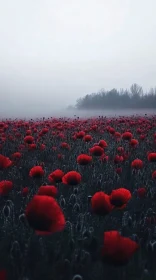 Ethereal Landscape of a Poppy Field Enveloped in Mist