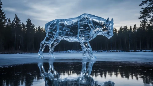 Frozen Bull Ice Sculpture Amidst a Wintery Landscape