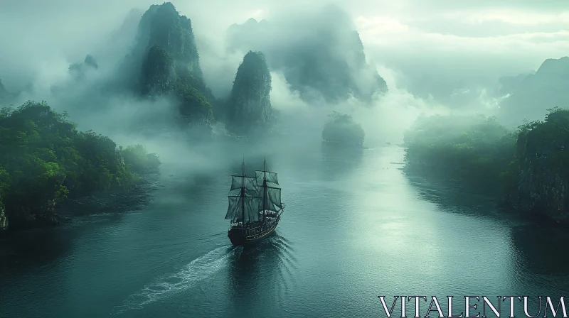 Sailing Through Misty Mountains AI Image