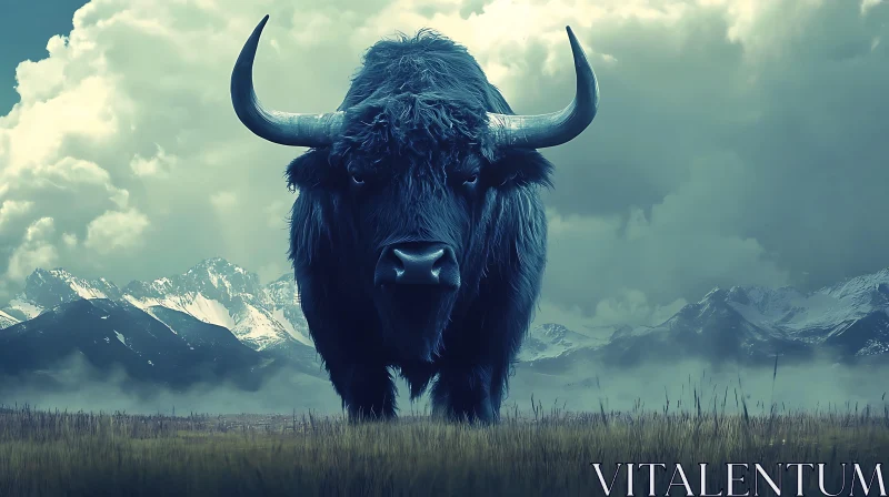 Powerful Bull in Front of Misty Mountains AI Image