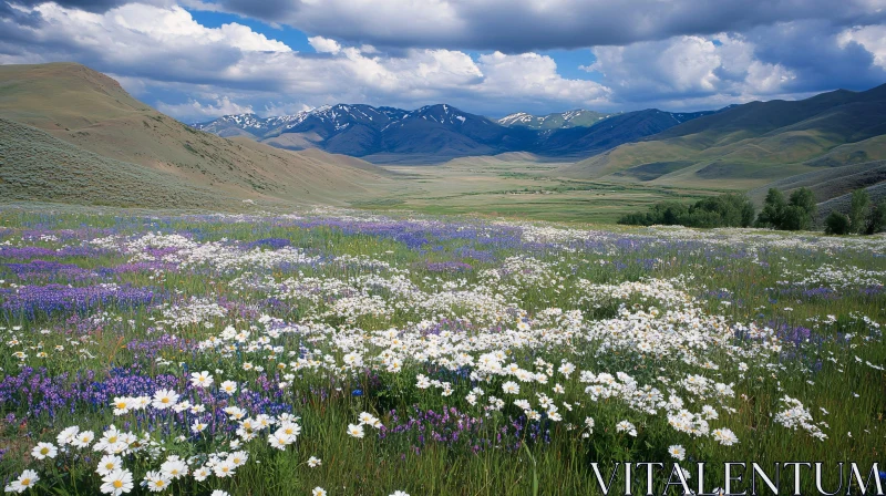 Wildflower Field Sprawling Towards Mountains AI Image