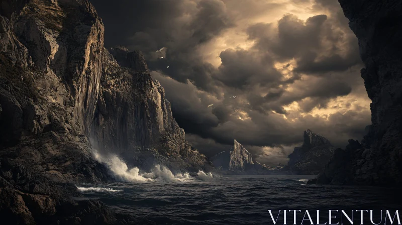 Stormy Ocean Landscape with Towering Cliffs AI Image