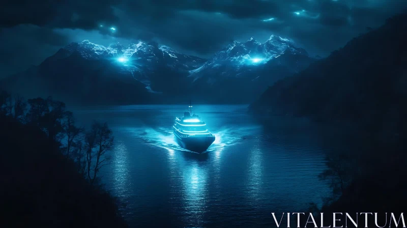 Enigmatic Lake Voyage Under Night Sky AI Image