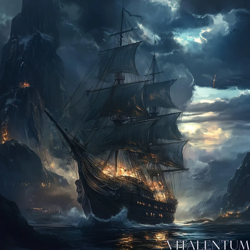 Dramatic Ship Voyage Through Turbulent Waters AI Image