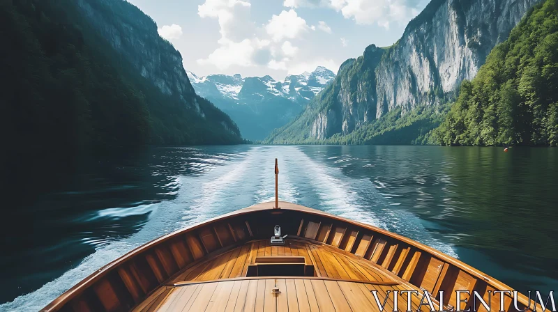 Elegant Wooden Boat Navigating Mountainous Lake AI Image