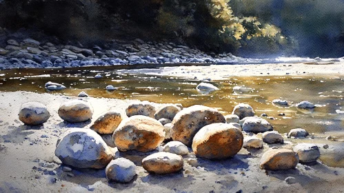 Serene Riverbank with Sunlit Pebbles - Watercolor Art