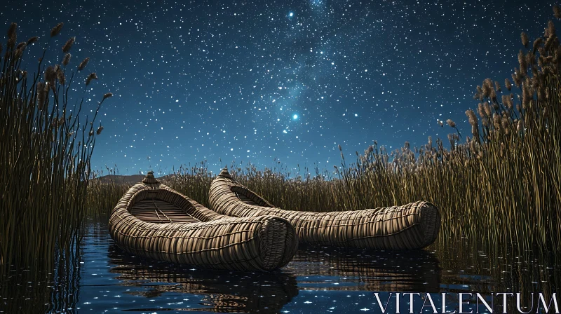 AI ART Woven Boats Floating Under Milky Way Stars