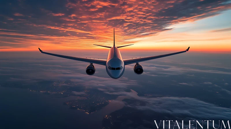 Airplane Soaring at Sunset AI Image