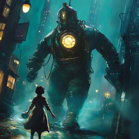 Mysterious Robot with Clock Face and Child in Rainy City