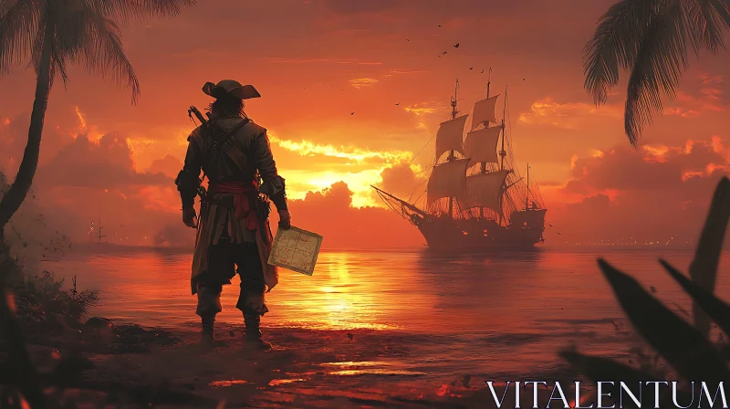 Tropical Beach Pirate Sunset Scene with Ship AI Image