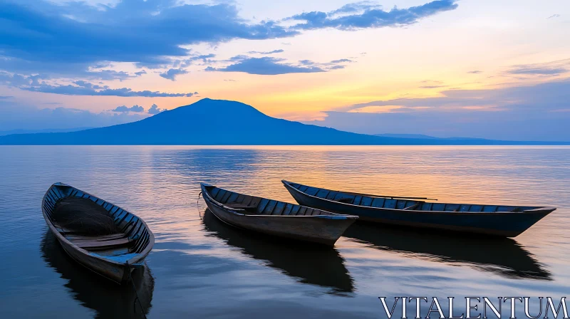 Tranquil Lake Scene with Boats at Sunset AI Image