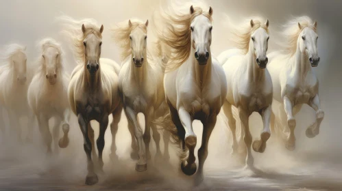 Ethereal White Horses in Motion: A Light Gold and White Palette Artwork