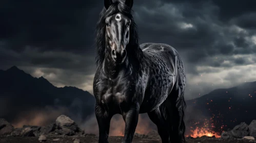 Gothic Black Horse Amidst Lava: A Dark Fantasy Portrait