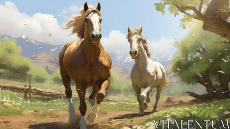 Nostalgic Rural Life Depictions: Two Horses Running in Countryside AI Image