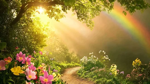 Enchanted Forest Pathway with Sunlight and Rainbow