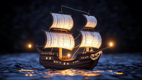 Illuminated Sailing Vessel on Dark Waters