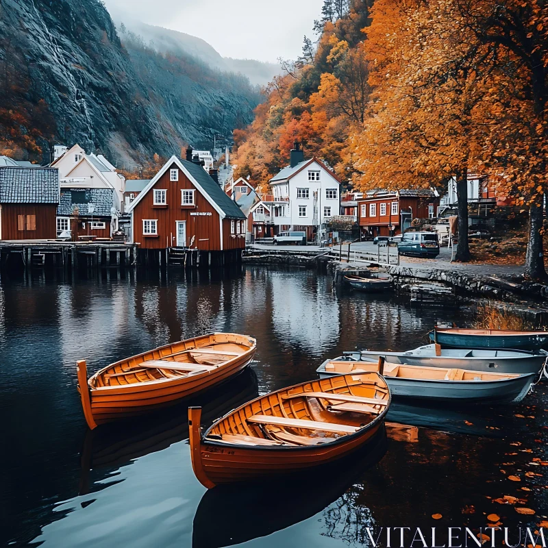 Charming Autumn Village on Lakeside AI Image