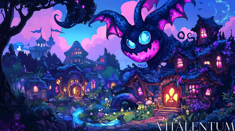 AI ART Magical Village Nightscape with Enigmatic Monster