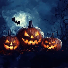 Eerie Halloween Night with Lit Jack-o'-lanterns