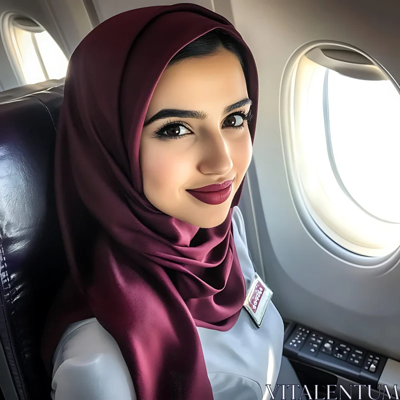 Friendly Flight Attendant by Airplane Window AI Image