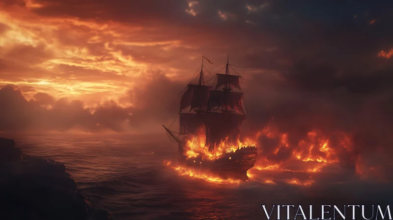 Burning Ship at Sea During Sunset AI Image