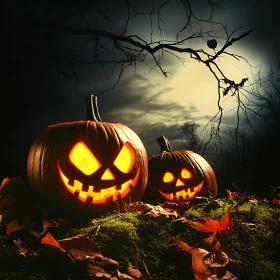 Spooky Night with Jack-o'-Lanterns and Moonlight