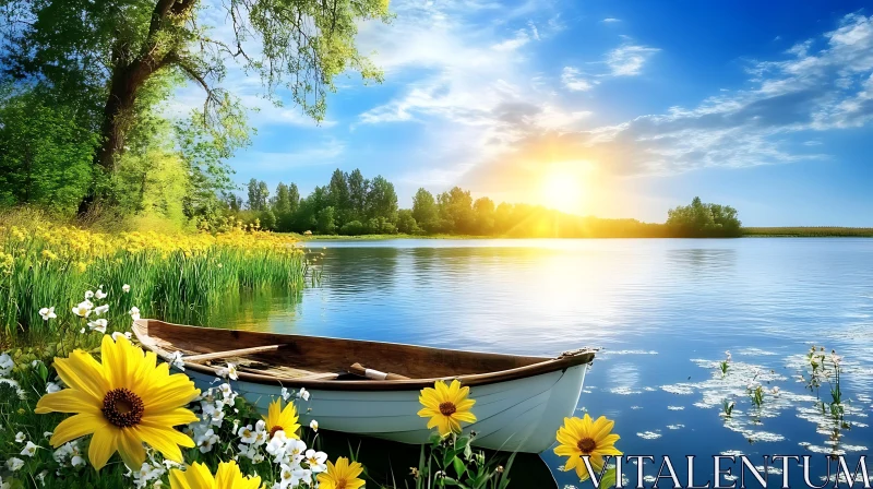 AI ART Serene Lake Sunrise with Wooden Boat