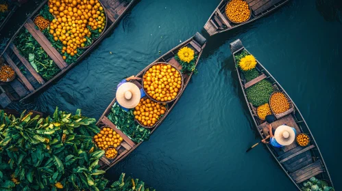 Floating Market Scene with Fresh Fruits and Vendors