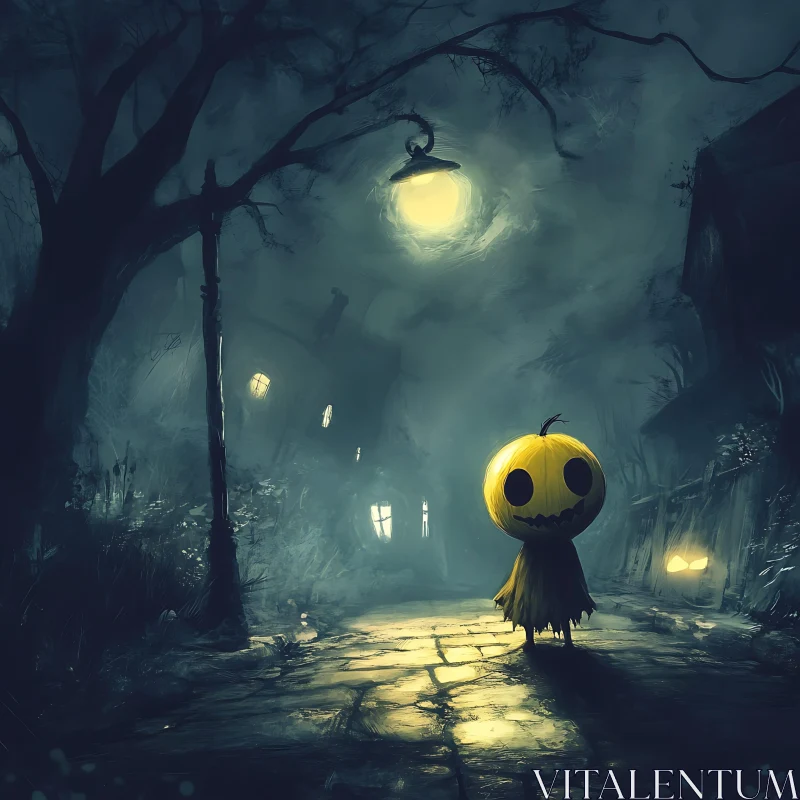 Foggy Street with Mysterious Pumpkin Head Character AI Image