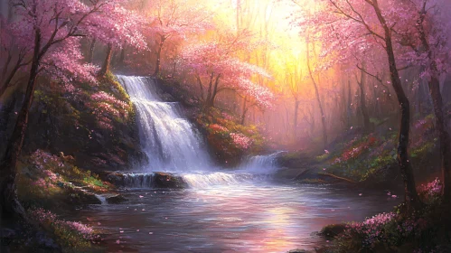 Tranquil Waterfall Amidst Spring Blossoms