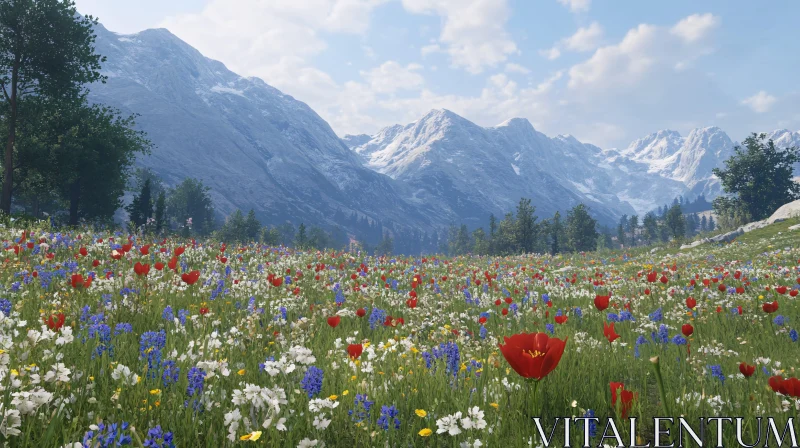 Enchanting Wildflower Field and Majestic Mountains AI Image