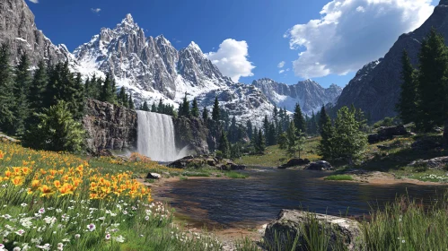 Peaceful Mountain Waterfall and Meadow Scene