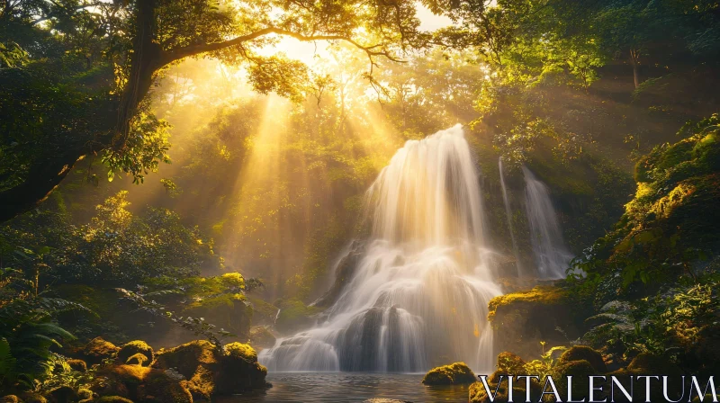 AI ART Sunlit Forest Waterfall Scene